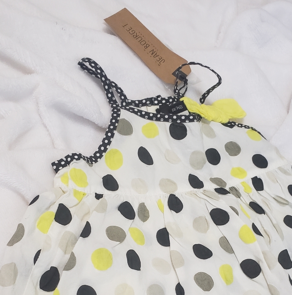 Jean Bourget Polka Dot Baby Dress with Yellow Bow